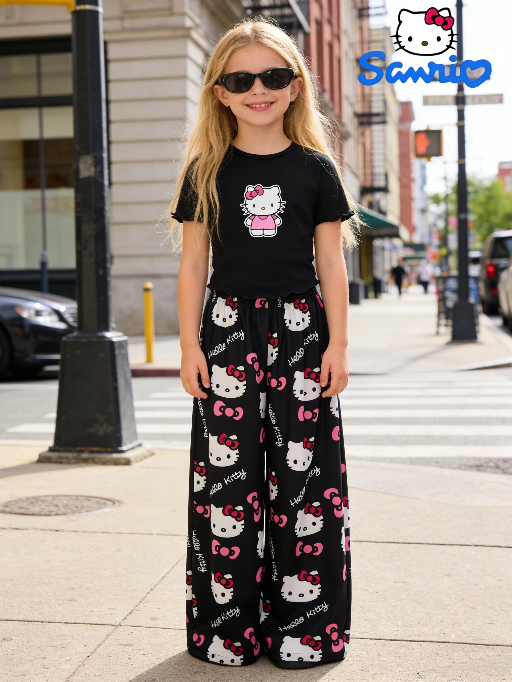 Sanrio girls' short sleeved pants set for summer, Hello Kitty T-shirt wide leg pants for spring and summer outdoor leisure