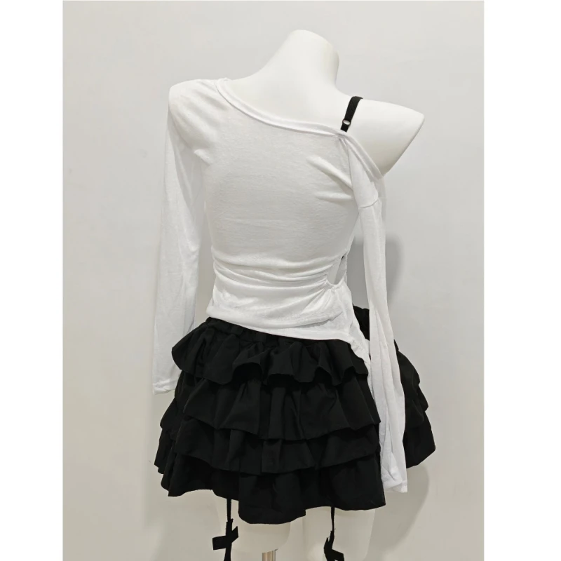 Y2k Subculture Long Sleeve Tee + Short Black Dress Two-Piece Dress Sets Women Casual Gothic Print Solid Color Letter Skew Neck