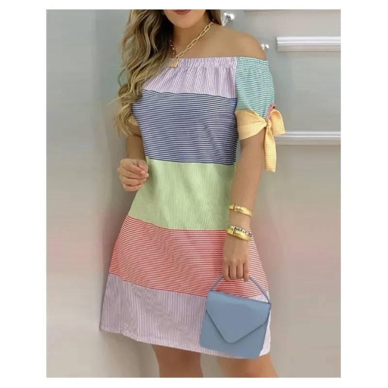 New Fashionable And Sexy Women's Printed Dress, Women's One Neck Pullover Short Sleeved Mid Waist Slim Fit Princess Dress 2024