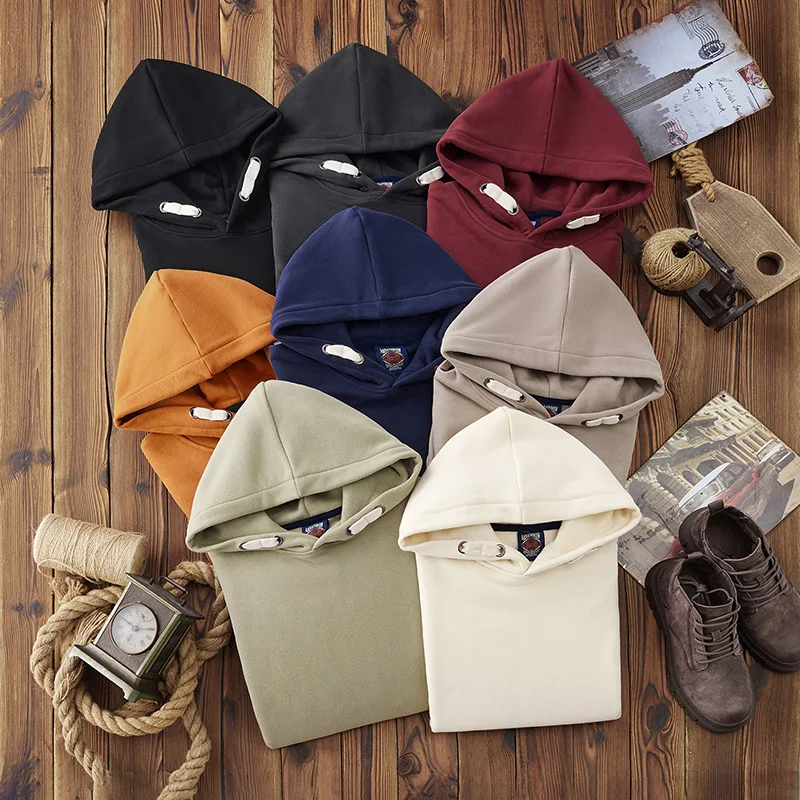 

Trendy Autumn Winter Hooded Fce Lined Sweatirt Loose Fit Overhead Men's Faion Outerwear Pure Color Casual round Ne