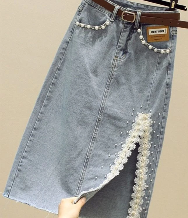 Split Stitch Bead Lace Denim Skirt for Women, Spring/summer 2025 New High Waist Slimming Mid Length Bag Arm Skirt