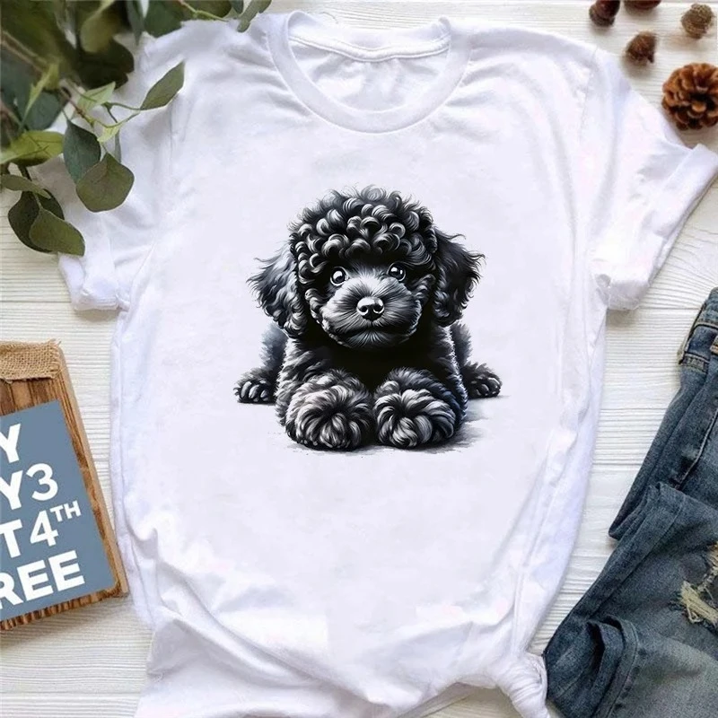 Black Poodle Puppy Animal Printed Tshirt Girls Kawaii Dog Lover T Shirt Women Harajuku Shirt Summer Fashion T-Shirt Female Y2K