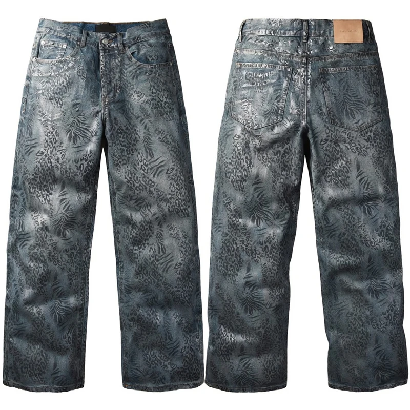 2026 New Leopard Print Baggy Wide Leg Jeans Men Y2K Streetwear Vintage Denim Pants