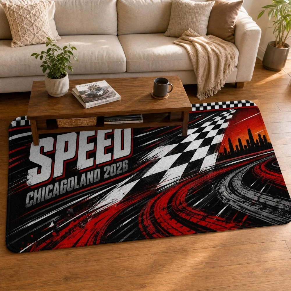 Racing Speed Track Flannel Area Rug, Checkered Flag Tire Trace Floor Mat, Non Slip Garage Living Room Man Cave Decor Carpet