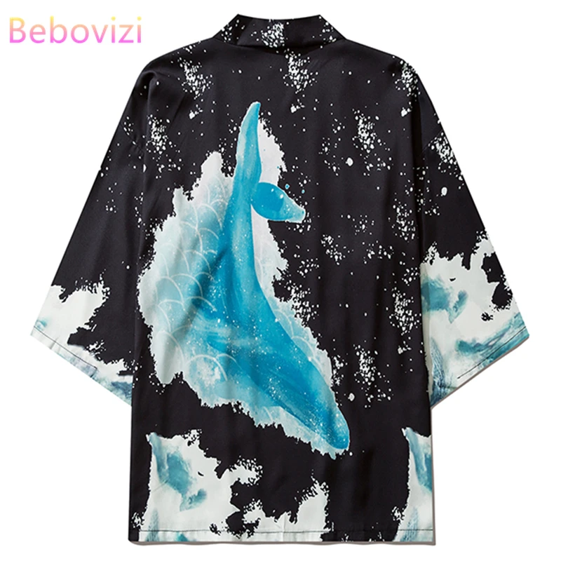 

Fashion Whale Print Japanese Traditional Shirts Streetwear Coat Women Men Black Yukata Cardigan Kimono Casual Haori Clothing