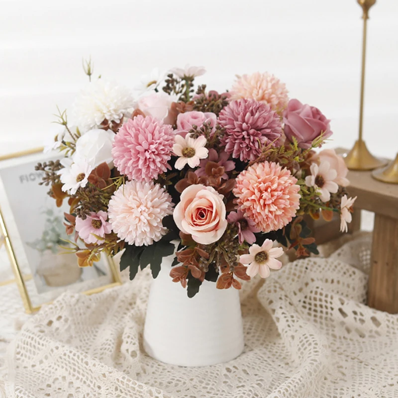 Künstliche Blumen Herbst Rosen Seide Hortensien Gänseblümchen Hause Tisch Blumenstrauß Dekoration Hochzeit Braut Weihnachten Gefälschte Blumen Dekor – Detail 5