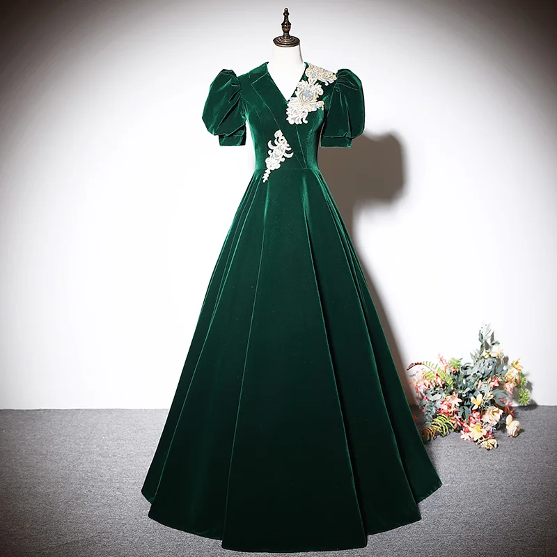 

Dark Green V-Neck Evening Dress Pleat Velour Floor Length Lace Up Short Sleeves A-Line New Plus Size Women party Dresses XE083