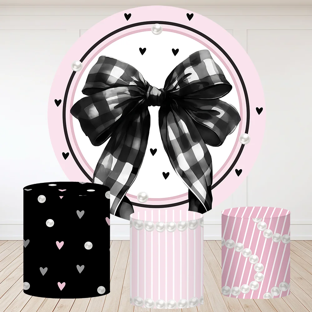 Black Pink Bow Theme Round Backdrop Cover Girls Birthday Banner Party Supplies Flowers Heart Baby Shower Circle Background