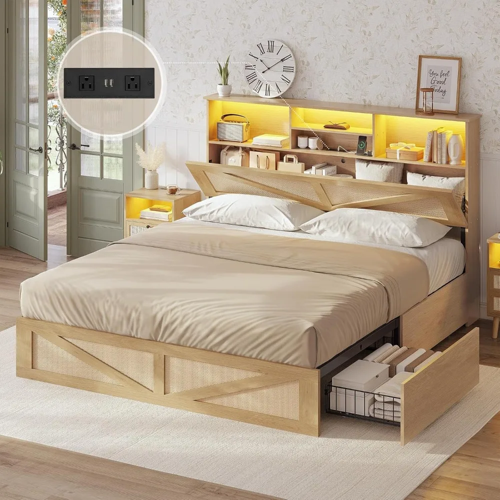 

Queen Bed Frame with 4 Storage Drawers and 2-Tier Bookcase Hidden Headboard, Rattan Led Bed Frame Queen Size with Charging