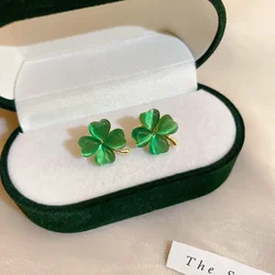 Korean Version Green Heart Shape Four-leaf Clover Earrings Women's All-match Temperament Earrings Gold Color Earrings