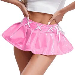 Womens Wet Look Patent Leather Mini Skirt Cross Lace-up Ribbon Miniskirt Sexy Pleated Skirts Rave Party Pole Dancing Clubwear