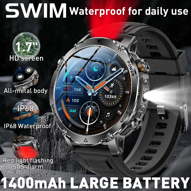 

1400mAh Big Battery Smart Watch 2026 New LED Flashlight Outdoor Sport 2.01"HD Screen Bluetooth Call Waterproof Smartwatch Men
