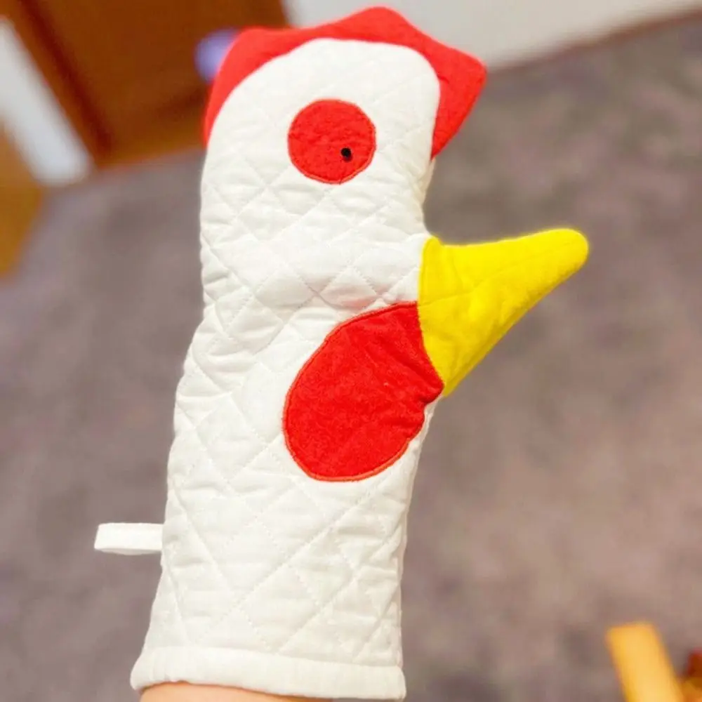 Baking Tool Anti-Scalding Rooster Trim Oven Mitts Heat Resistant Thickened Baking Gloves Cotton Lined Microwave Mitts Cooking