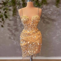 Yellow Cocktail Dresses 2022 Spaghetti Strap Bead Mini Evening Formal Gowns Sparkle Tassel Elegant Dress Women For Wedding Party