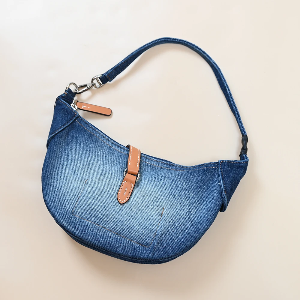 

Новая американская джинсовая сумка в форме полумесяца, универсальная женская сумка середины века под мышками, украшенная поясом, модная молодежная повседневная сумка