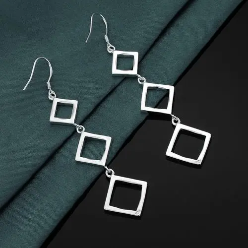 Fashion 925 Sterling Silver Square Rhombus Long Earrings For Women Luxury Designer Jewelry Party Wedding Accessories Gifts