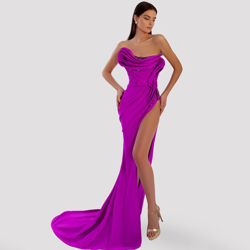 

Thinyfull Formal Mermaid Prom Dresses Strapless Beadings Purple Evening Dress Saudi Arabia Dubai Cocktail Party Gowns Plus Size