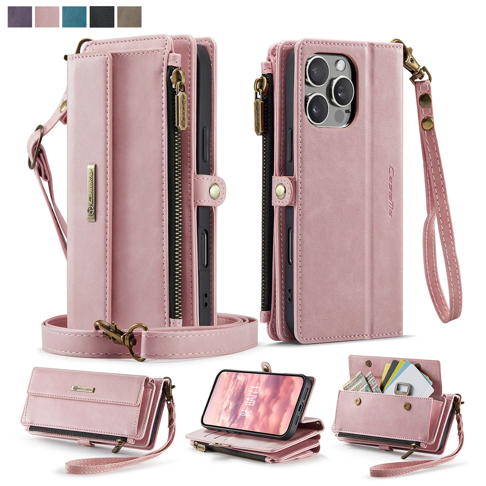 

Чехол-кошелек Caseme-C39 для iPhone 7, 8 X SE 11, 12, 13, 14, 15, 16 ProMax, многофункциональный чехол для телефона на молнии и слот для наличных, 2 ремня