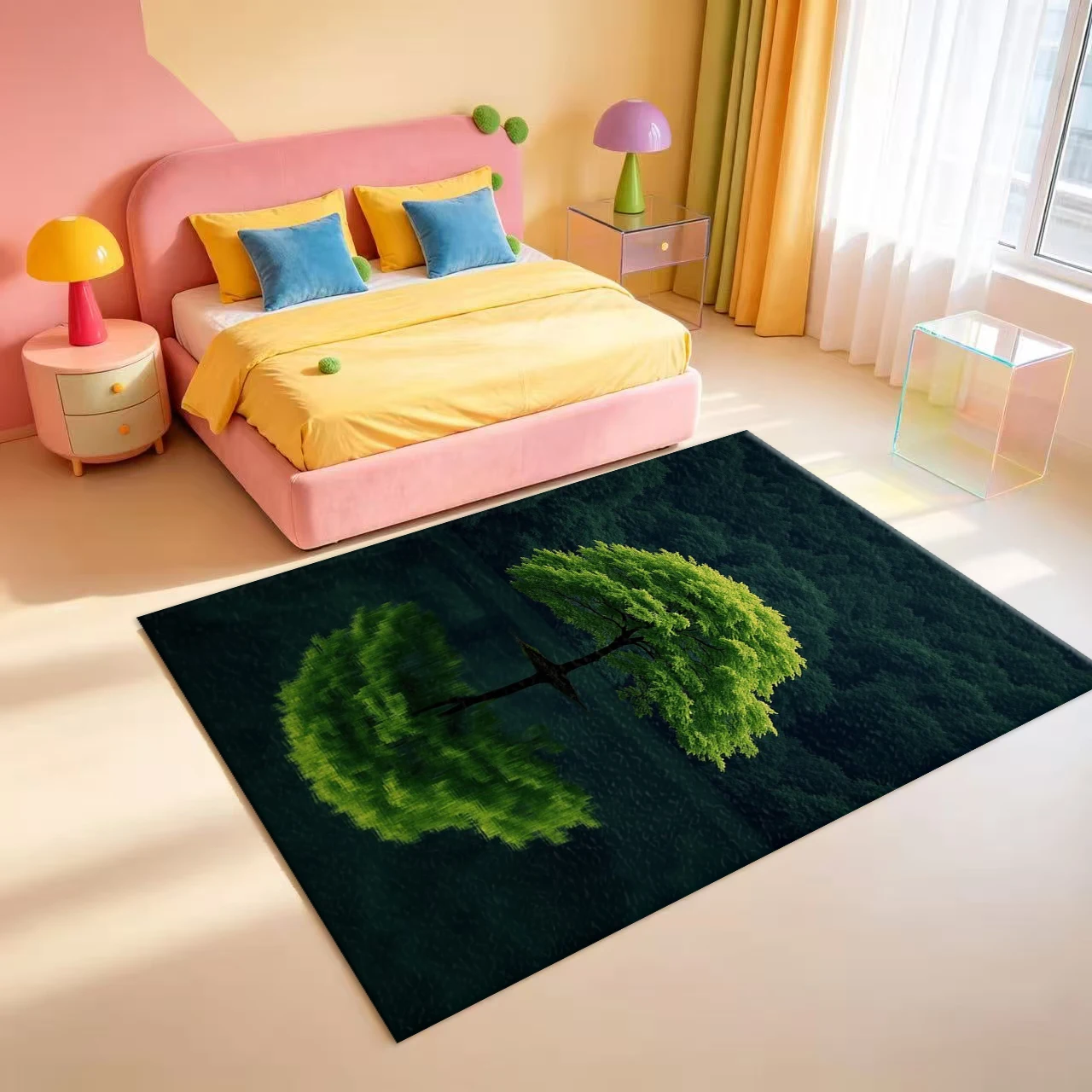 Symmetry Green Tree Water Reflection Forest Scenery Carpet Flooring Nature Landscape Art Area Rug For Living Room Home Floor Cover
