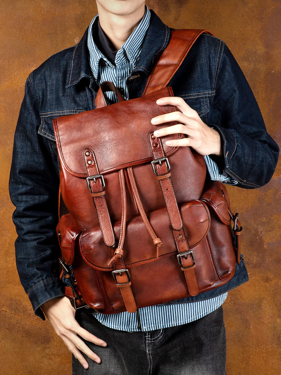 Genuine Leather Men\'s Backpack First Layer Leather Travel Backpack Large Capacity Natural Cowhide Laptop Bag Daily Backpack