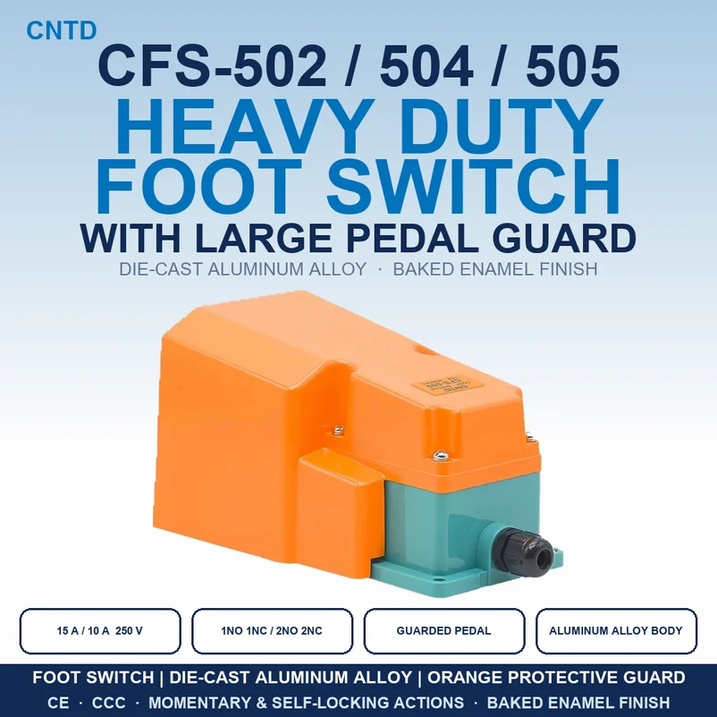 CNTD CFS-502 504 505 Heavy Duty Aluminum Alloy Foot Switch with Guard 15A 250VAC 1NO 1NC 2NO 2NC Momentary Self-Locking CE CCC