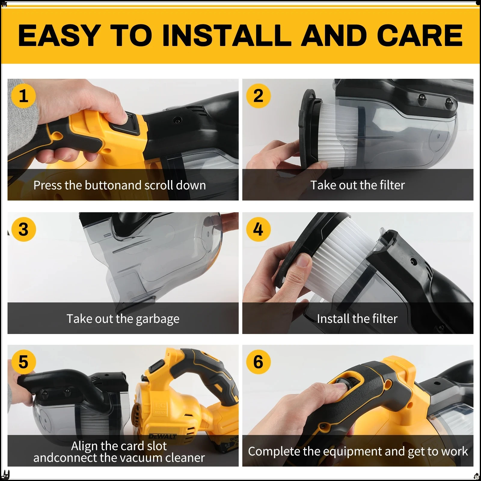 L'aspirateur DEWALT convient à divers coins, tels que les maisons, les tapis et autres endroits qui doivent être nettoyés à l'outil