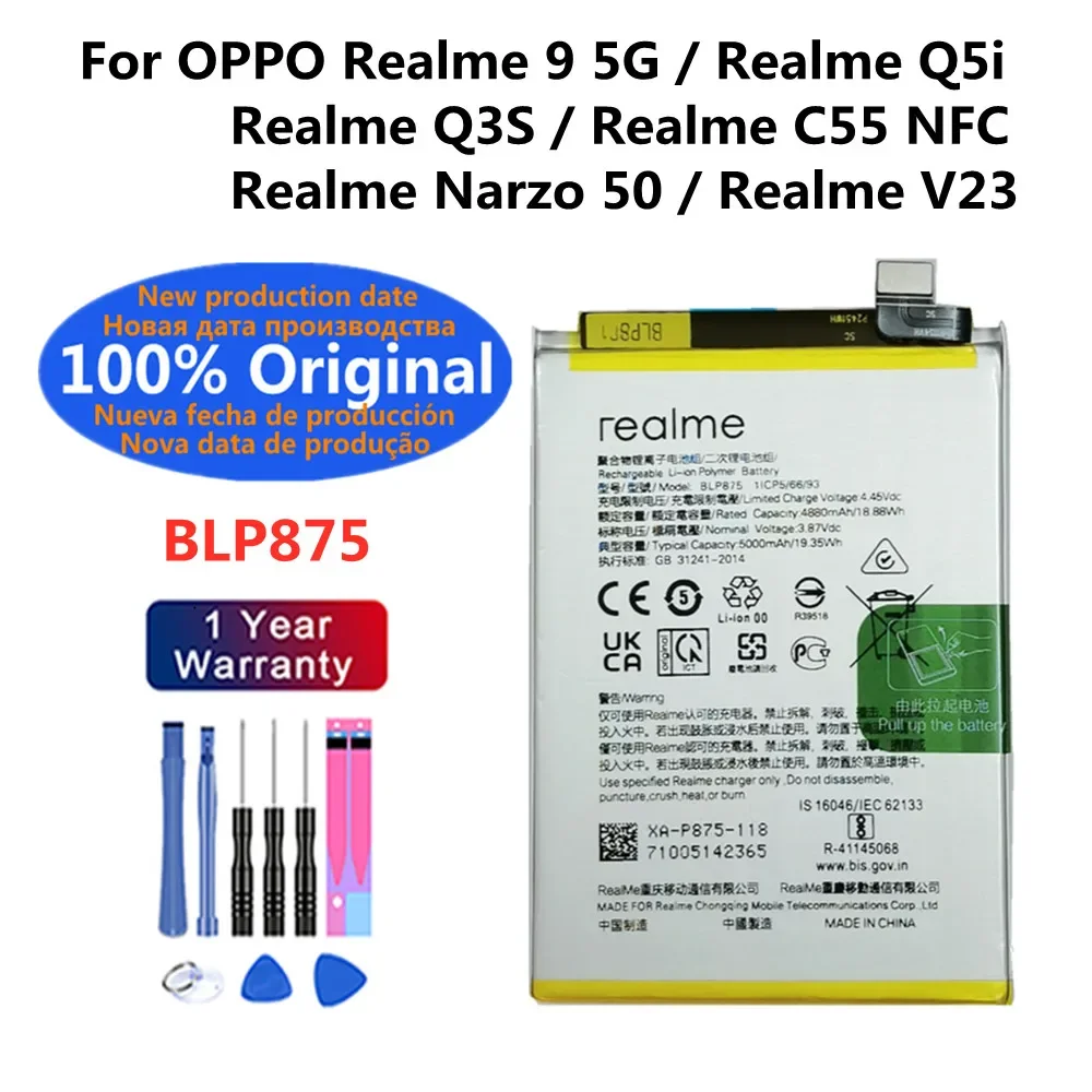 

100% Original High Quality 5000mAh Battery BLP875 For OPPO Realme 9 5G /Realme Q5i /Realme Q3S /Realme V23 Mobile Phone Batterie