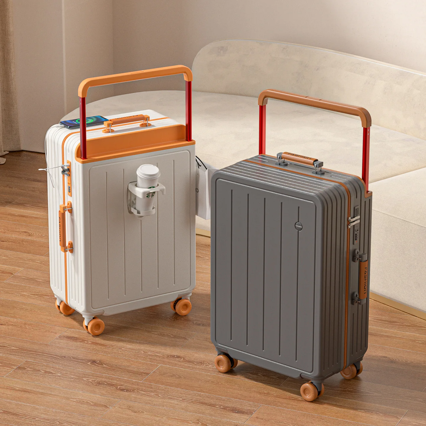 

Чемодан с широкой ручкой 20/24/26 дюймов, с USB-портом и держателем для стакана, новый дорожный чемодан из поликарбоната, ручная кладь, чемодан на колесиках