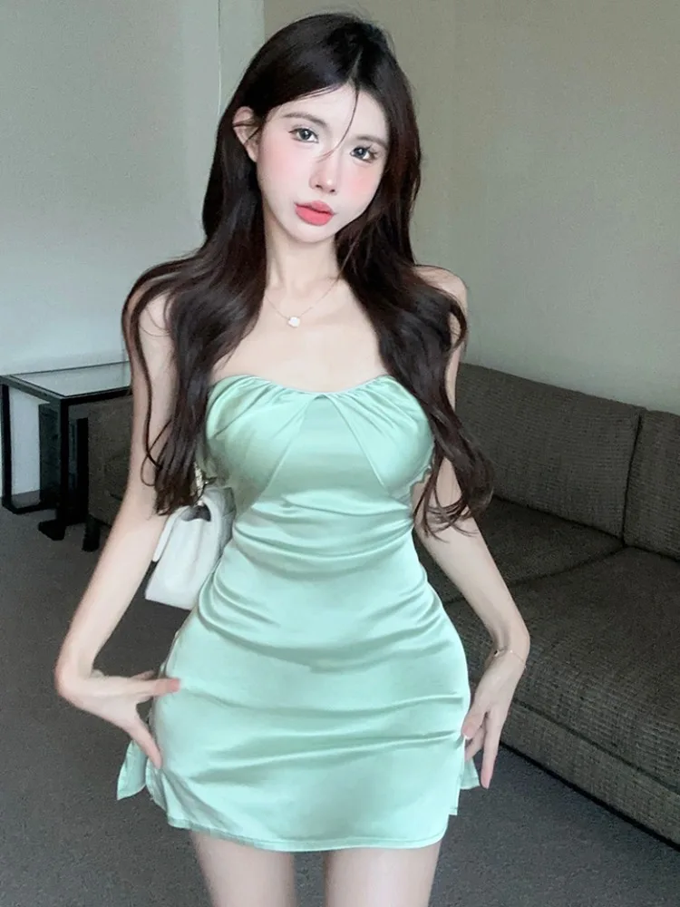 

Sexy Sweet Spicy Skirt Bodycon Dress Satin Fabric Open Slit Fashionable Pure Desire Waist Cinching Korean Style Dress