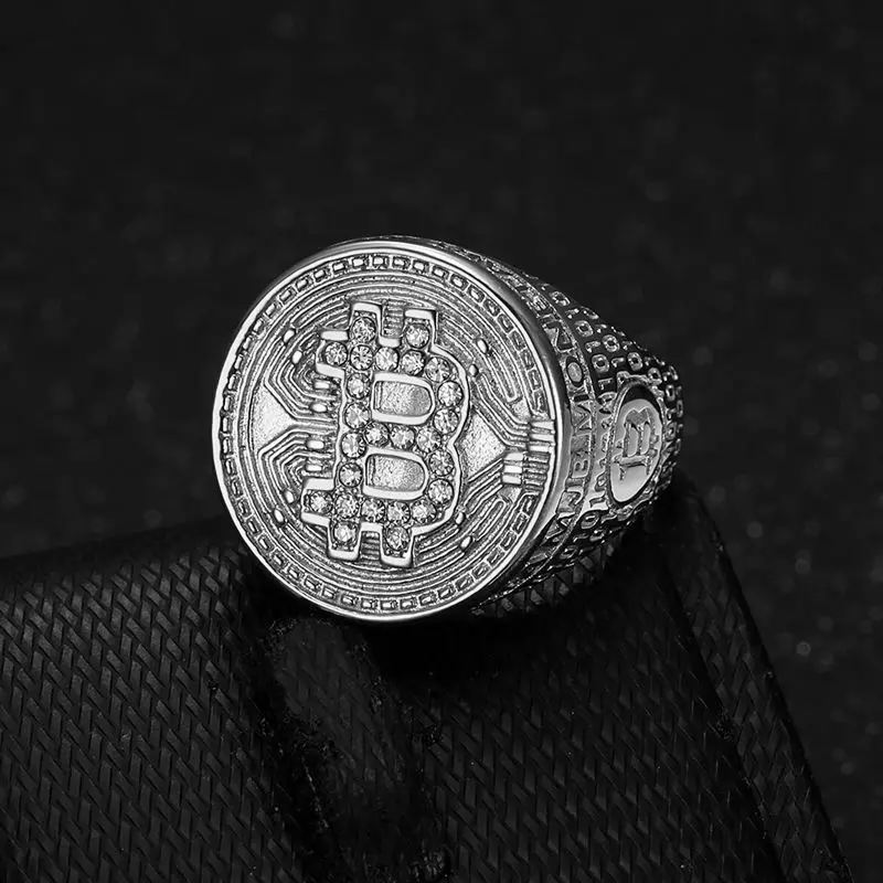 Never Fade Stainless Steel Bitcoin Round Rings for Men HIP Hop Bling Iced Out Rapper Jewelry Size 7-13 Drop Shipping