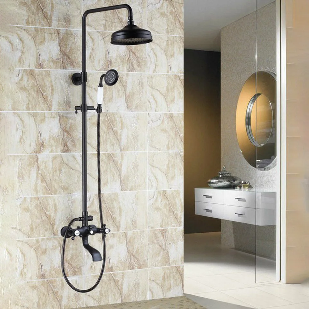 

Oil Rubbed Bronze Shower Faucets Set 8'' Rainfall Shower Head Dual Handle Mixer Tap Swivel Tub Spout Bath Shower zhg102