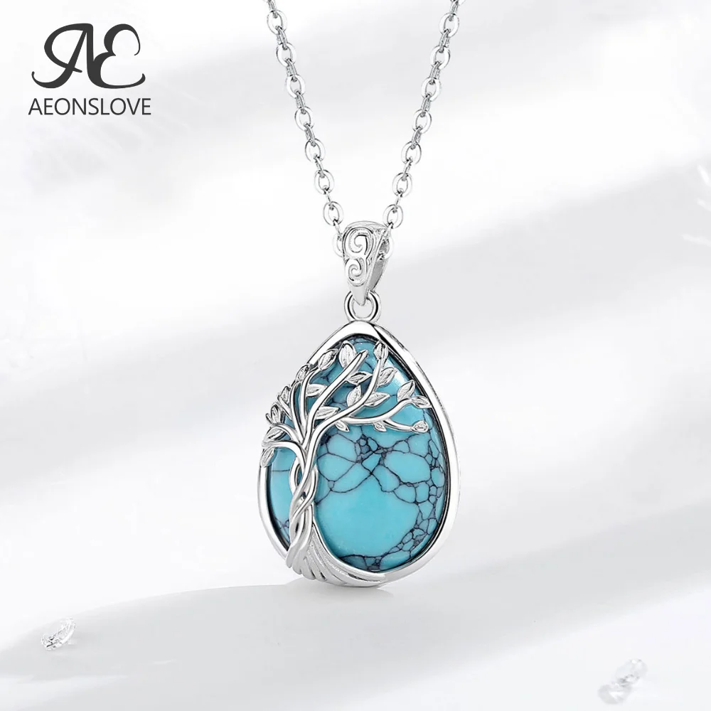 

AEONSLOVE 925 Sterling Silver Tree of Life Necklace Teardrop Turquoise Pendant Healing Stones Jewelry Spiritual Gift for Women