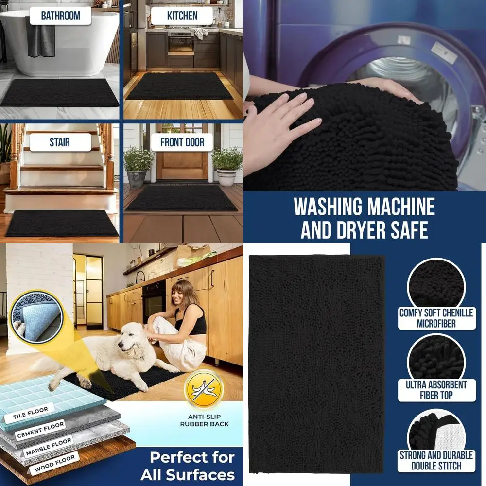 

Quick-Dry Chenille Microfiber Bath Mat, Non-Slip, Thick & Absorbent, 59x24 Black