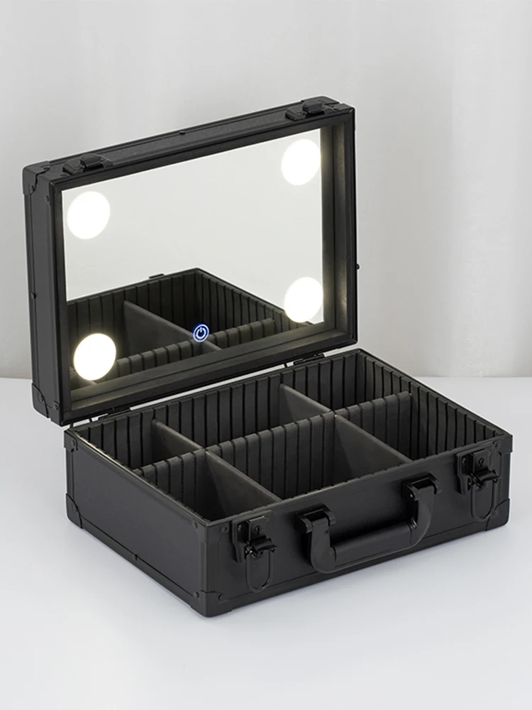 Cosmetic case, professional makeup artist follow-up case with mirror LED light, portable storage and finishing,