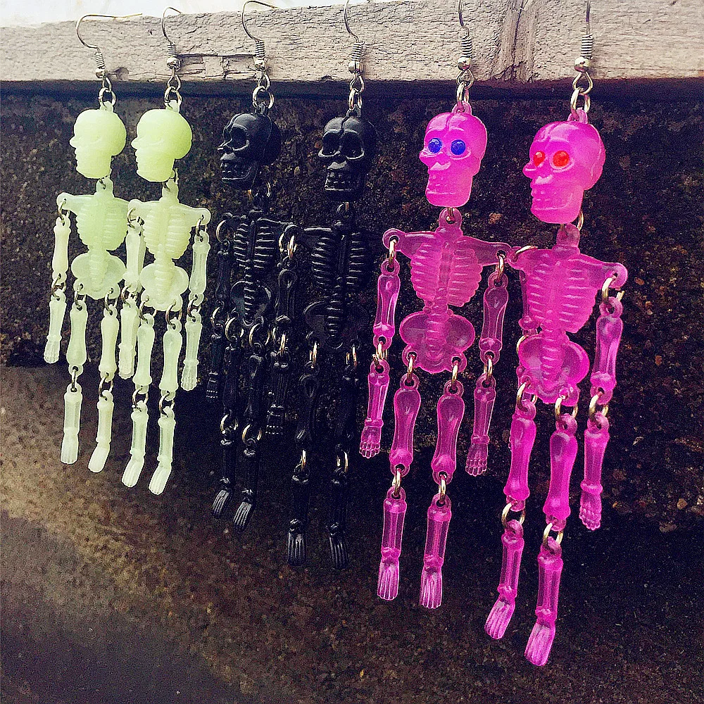 Fashion Halloween Resin Earrings Exaggerate Ghost Head Glow Skeleton Head Joint Skeleton Creative Earrings Wholesale