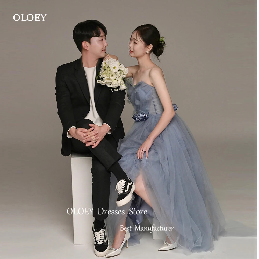 

OLOEY Fairy Dusty Blue Tulle Korea Evening Party Dresses Wedding Photoshoot Sweetheart Prom Gowns Formal Dress Corset Back