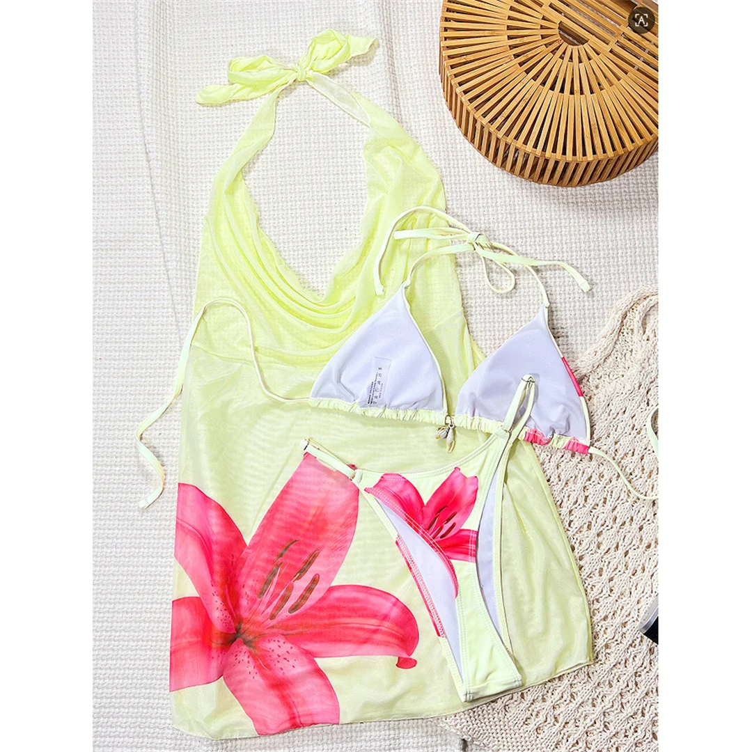 Mit Blumenmuster, bedruckter Bikini, Damen-Badeanzug, Damen-Bademode, dreiteiliges Bikini-Set, Badebekleidung, Badeanzug, Modell V8158. – Detail 9