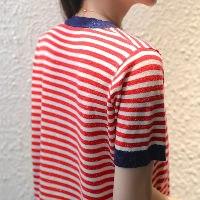 Camisetas Mujer Bright Silk Knitted T Shirt Women Short Sleeve Summer Tops Woman Clothes Striped Fashion T-Shirt Tee Shirt Femme