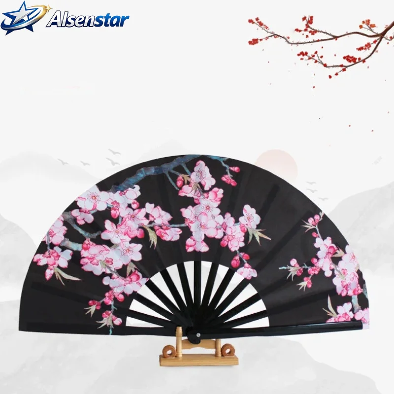 Exquisite Bamboo Bone Tai Chi Fan Peach Blossom Chinese Kung Fu Morning Exercise Fitness Fan Cheongsam Runway Show Dancing Fan
