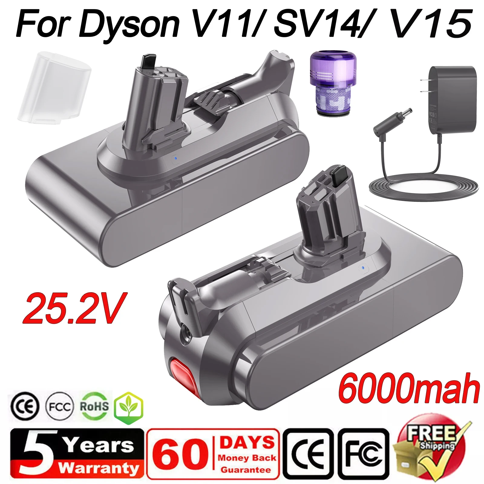 Batterie de remplacement pour aspirateur Dyson V11, batterie à clipser 6000mah pour aspirateurs Dyson SV14 V11 Absolute V15 (compatible uniquement avec système Click-in)