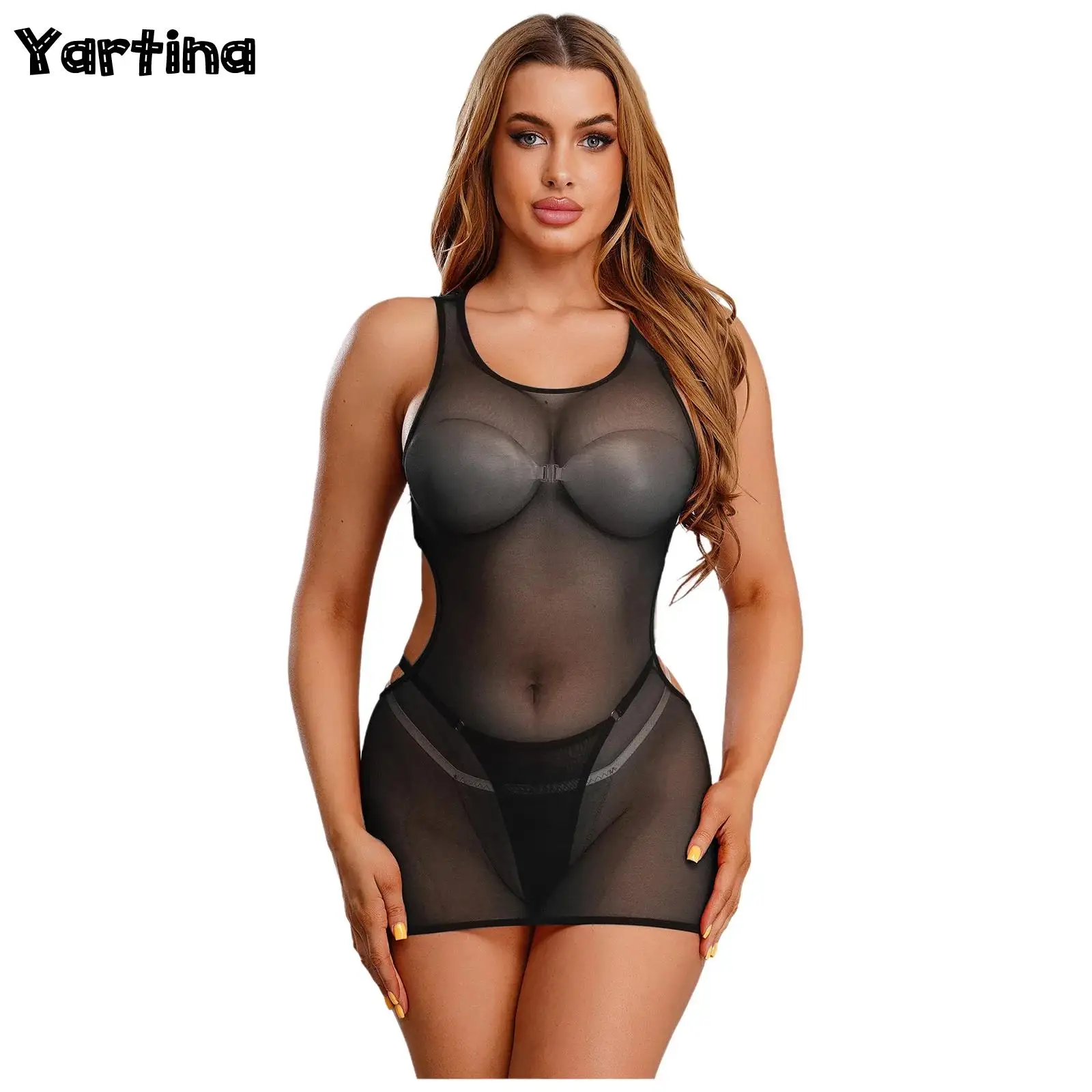 

Женское прозрачное сетчатое мини-платье Babydoll со стрингами, нижнее белье, прозрачное облегающее платье с открытой спиной, очаровательная ночная рубашка