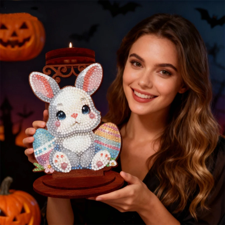 

DIY Rabbit Diamond Painting Candle Holder Ornaments Desktop Tea Light Candle Holder Aromatherapy Candle Holder for Art Crafts