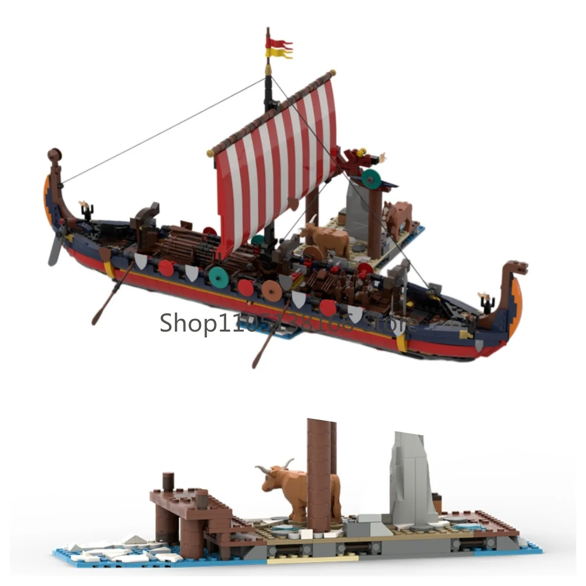 

MOC Viking Longship & Village Building Blocks Set - Norse Medieval Settlement Model Kit for History Enthusiasts
