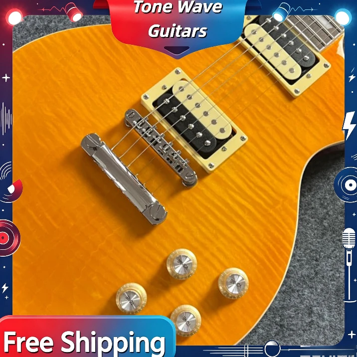 Zitronengelbe E-Gitarre im Tiger-Muster mit Slash-Design LP09, massiver Pfirsichblüten-Herzkorpus, kostenloser Versand