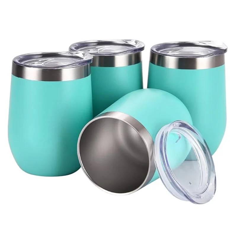 

12 Oz Stainless Steel Wine Tumbler Cups 4 Pack Wine Glasses Set With Lid Family Party Use Blue