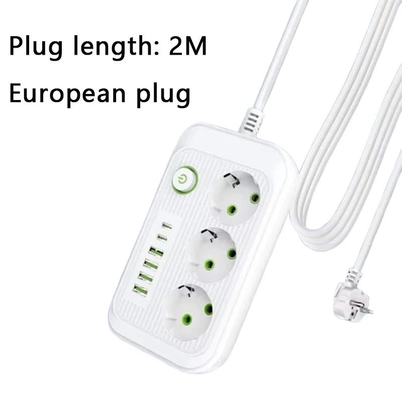 

EU Plug Power Strip 2M Extension Cable Multiprise 3AC Outlets Electrical Socket with 4 USB 1 Type C Network Filter Fast Charging