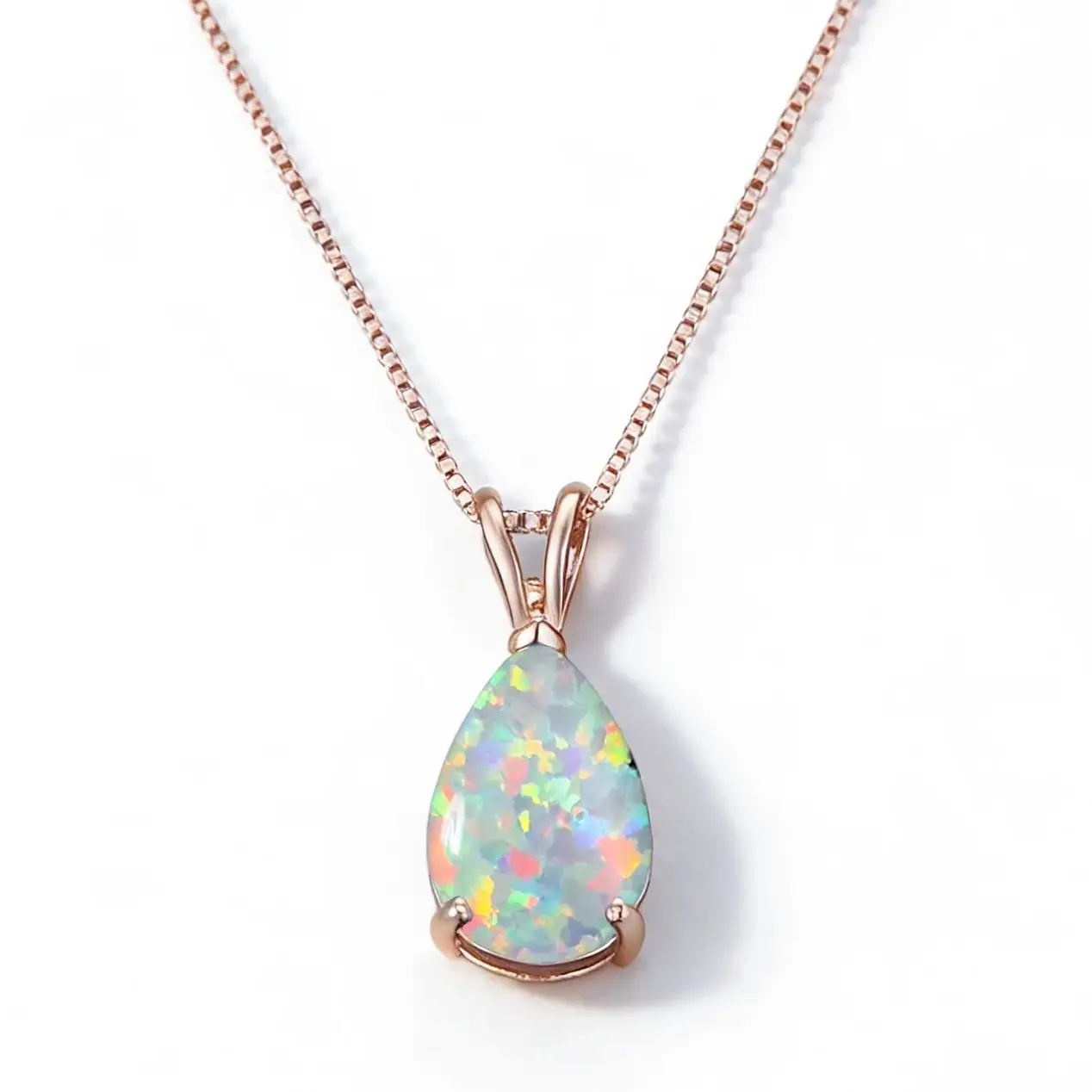 Atemberaubende tropfenförmige Feueropal-Anhänger-Halskette, rosévergoldeter Oktober-Geburtsstein-Schmuck für Frauen, hypoallergenes Opal-Geschenk