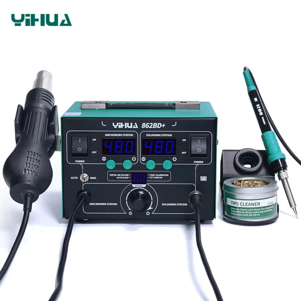 YIHUA 862BD + besi solder, stasiun solder udara panas DIY pengerjaan ulang Digital stasiun perbaikan telepon BGA SMD Stasiun Las