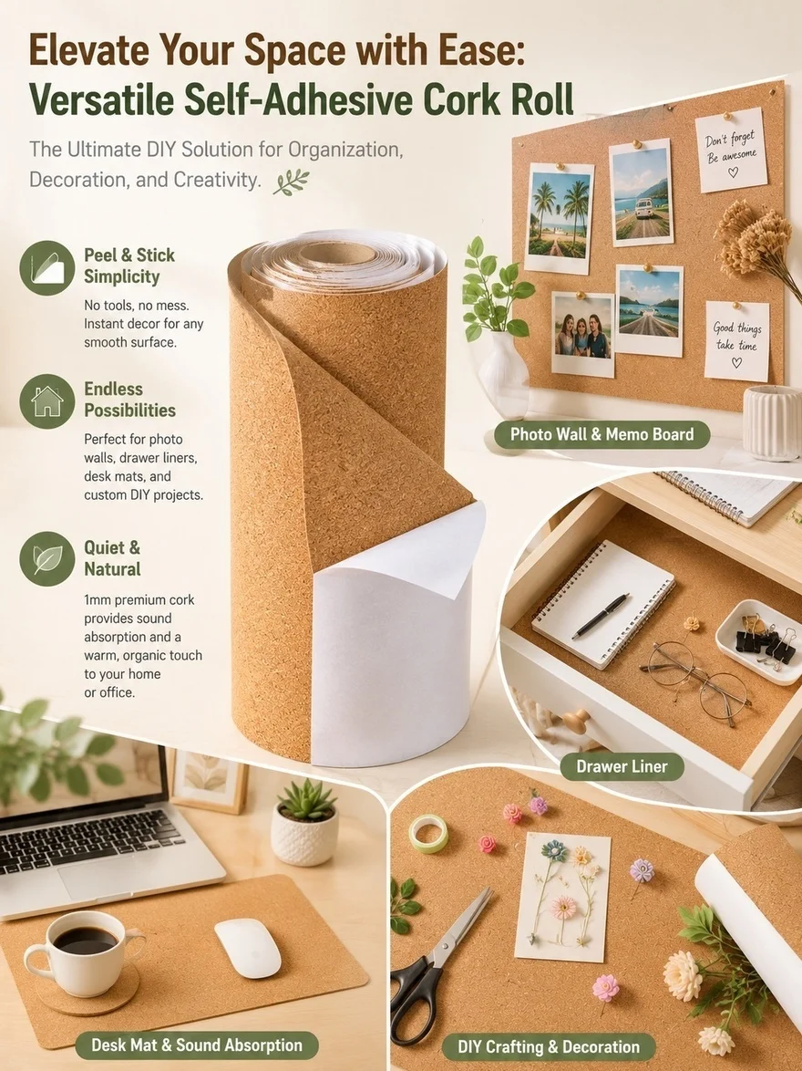 Self-Adhesive Cork Board Roll 20cmx200cmx1mm Easy Install Cork Liner for Drawers Walls Bulletin Boards Noise Reduction Home