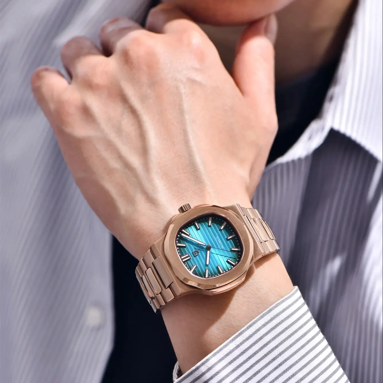 Men's Luxury Rose Gold Blue Automatic Watch